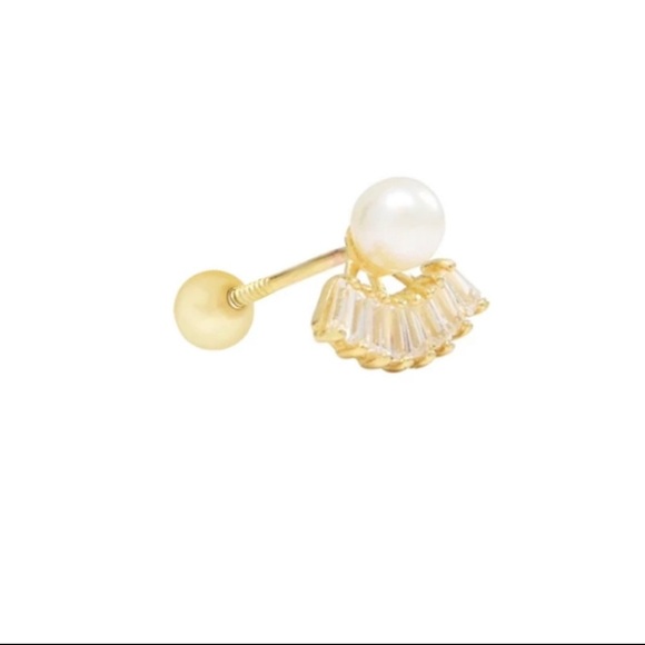 Silk Hand Fan Pearl Baguette Crystal CZ Silver S925 Stud Earring 1pc - Picture 11 of 11